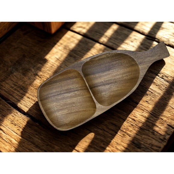 Vintage Hand Carved Monkey Pod Divided Dish 13" Bottle Shape Mid Century Tiki - Picture 5 of 9